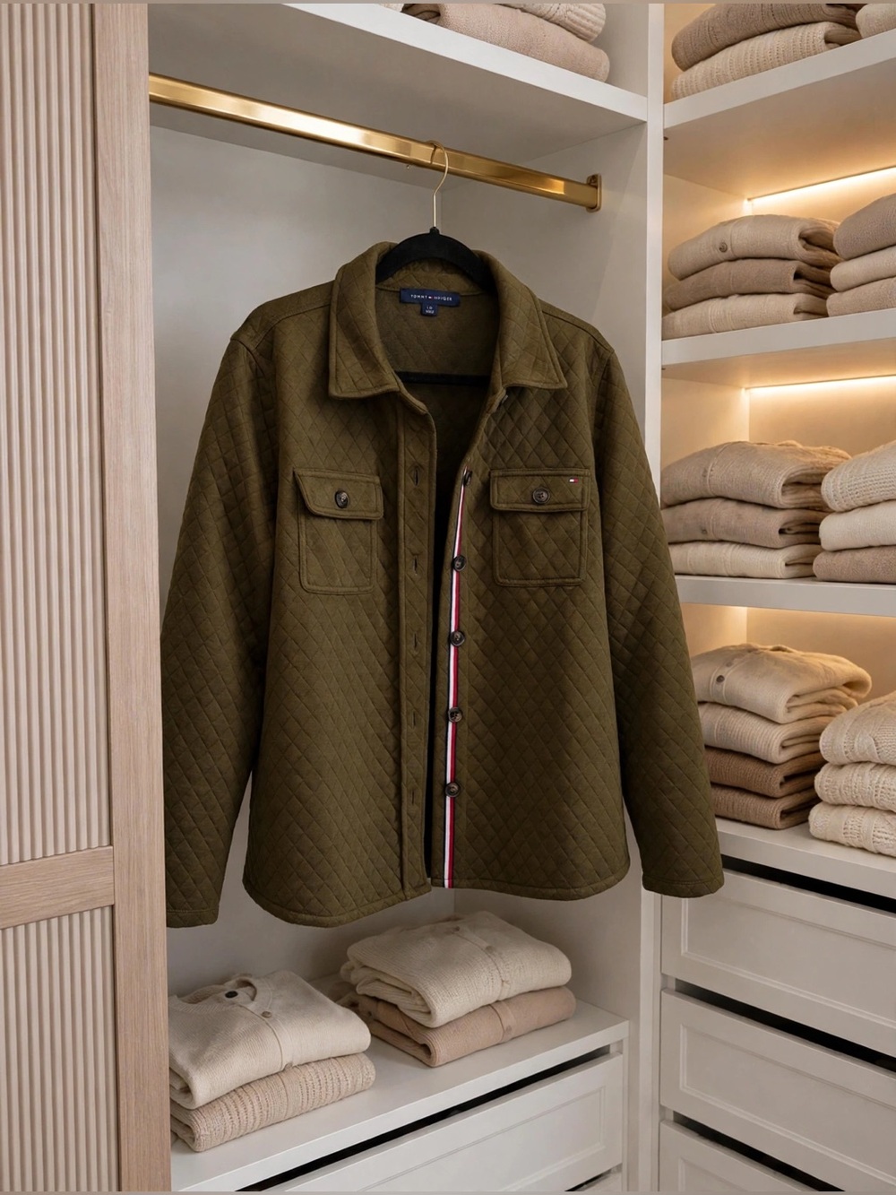 TOMMY HILFIGER Womens Quilted Shirt Jacket L Olive Green